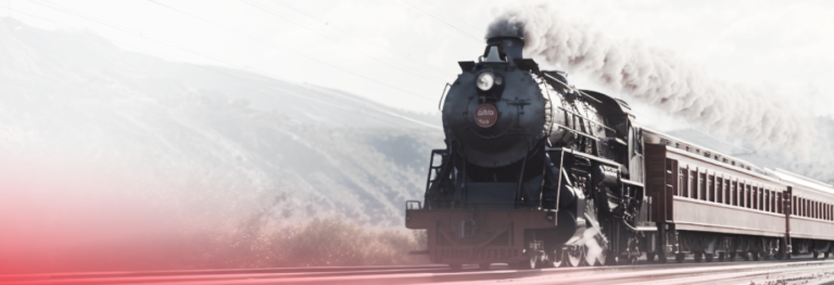 Locomotivă cu aburi tractând un tren de pasageri, simbol al expansiunii rapide a căilor ferate din secolul al XIX-lea și al investițiilor speculative care au contribuit la Panica din 1857.