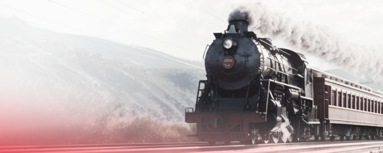 Locomotivă cu aburi tractând un tren de pasageri, simbol al expansiunii rapide a căilor ferate din secolul al XIX-lea și al investițiilor speculative care au contribuit la Panica din 1857.