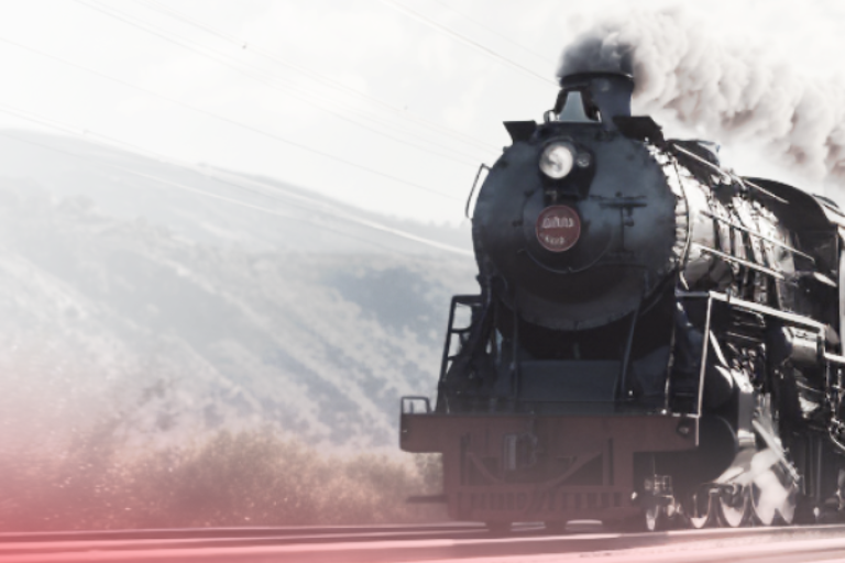 Locomotivă cu aburi tractând un tren de pasageri, simbol al expansiunii rapide a căilor ferate din secolul al XIX-lea și al investițiilor speculative care au contribuit la Panica din 1857.